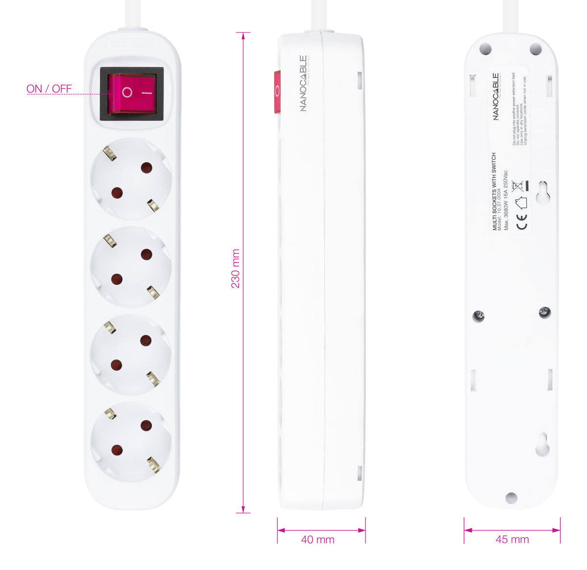 Regleta con Interruptor Nanocable 10.37.0004/ 4 Tomas de Corriente/ Cable 1.4m/ Blanca