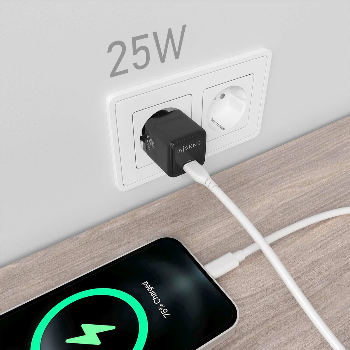 Cargador de Pared GaN Aisens ASCH-25W1P013-BK/ 1xUSB Tipo-C/ 25W