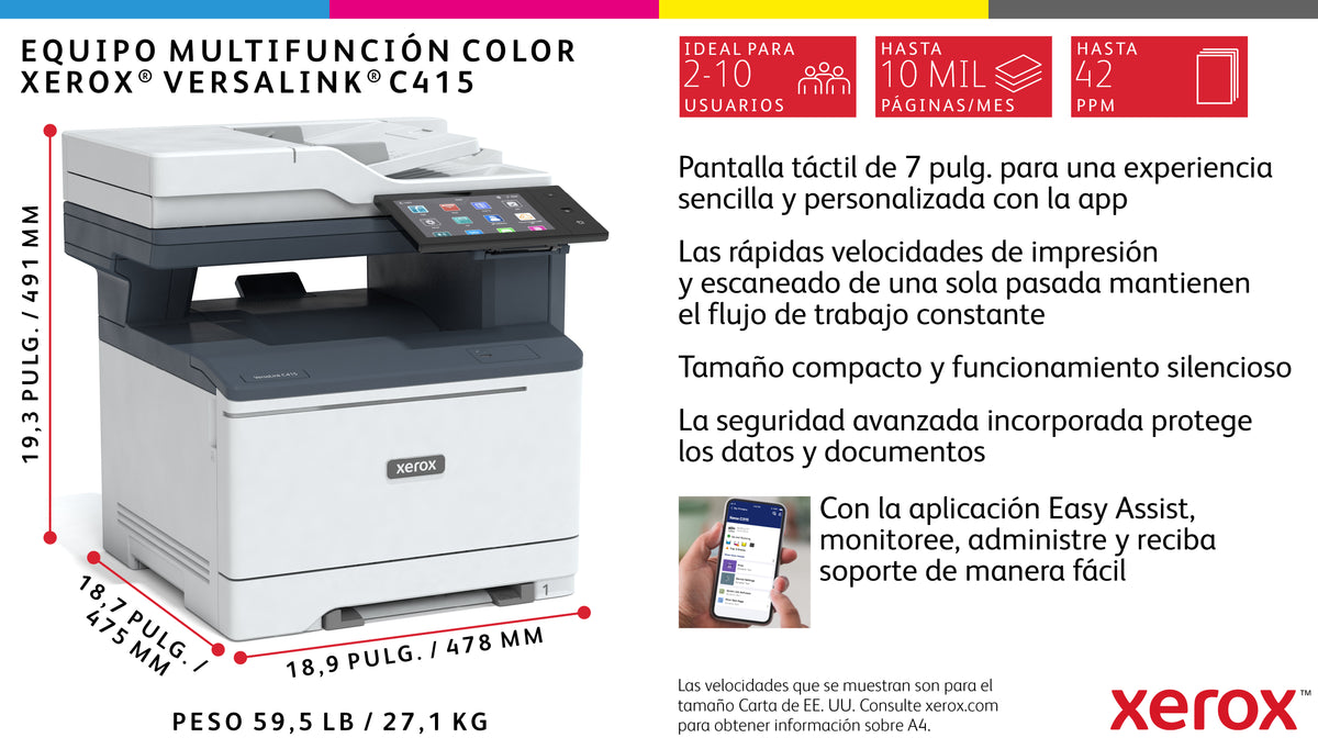 Multifuncion Xerox laser versalink c415v_dn color a4 · 42ppm · red · NFC · duplex