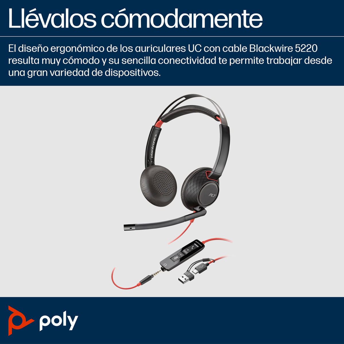 Auriculares Poly Blackwire 5220 USB-C + 3.5 mm + Adaptador USB-C/A/ con Micrófono/ Jack 3.5 - USB Tipo-C/ Bulk/ Negros