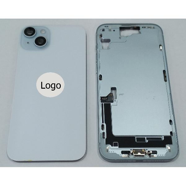 Set Tapa trasera o tapa bateria azul iPhone 15 Plus con carcasa central y componentes Remanufacturada Grado A