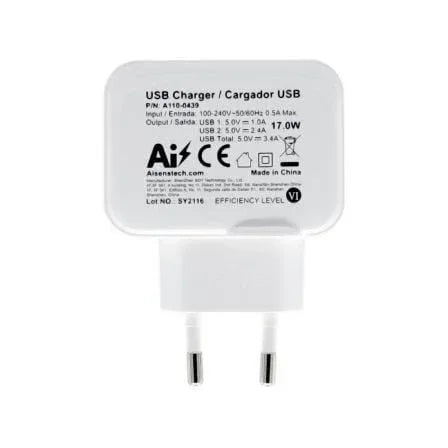 Cargador de Pared Aisens A110-0439/ 2xUSB/ 17W - PixelPlaza