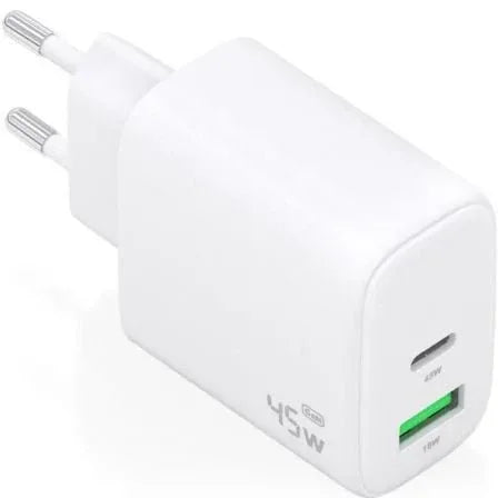 Cargador de Pared GaN Aisens A110-0971/ 1xUSB Tipo-C/ 1xUSB/ 45W/ Blanco - PixelPlaza
