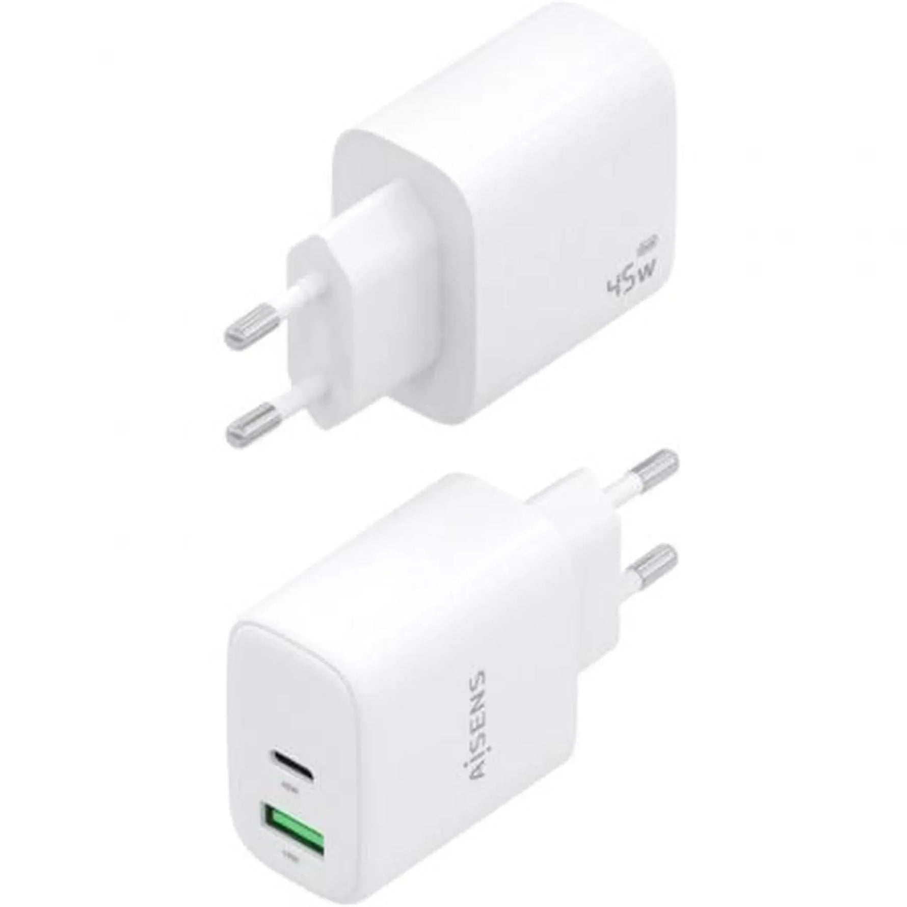 Cargador de Pared GaN Aisens A110-0971/ 1xUSB Tipo-C/ 1xUSB/ 45W/ Blanco - PixelPlaza
