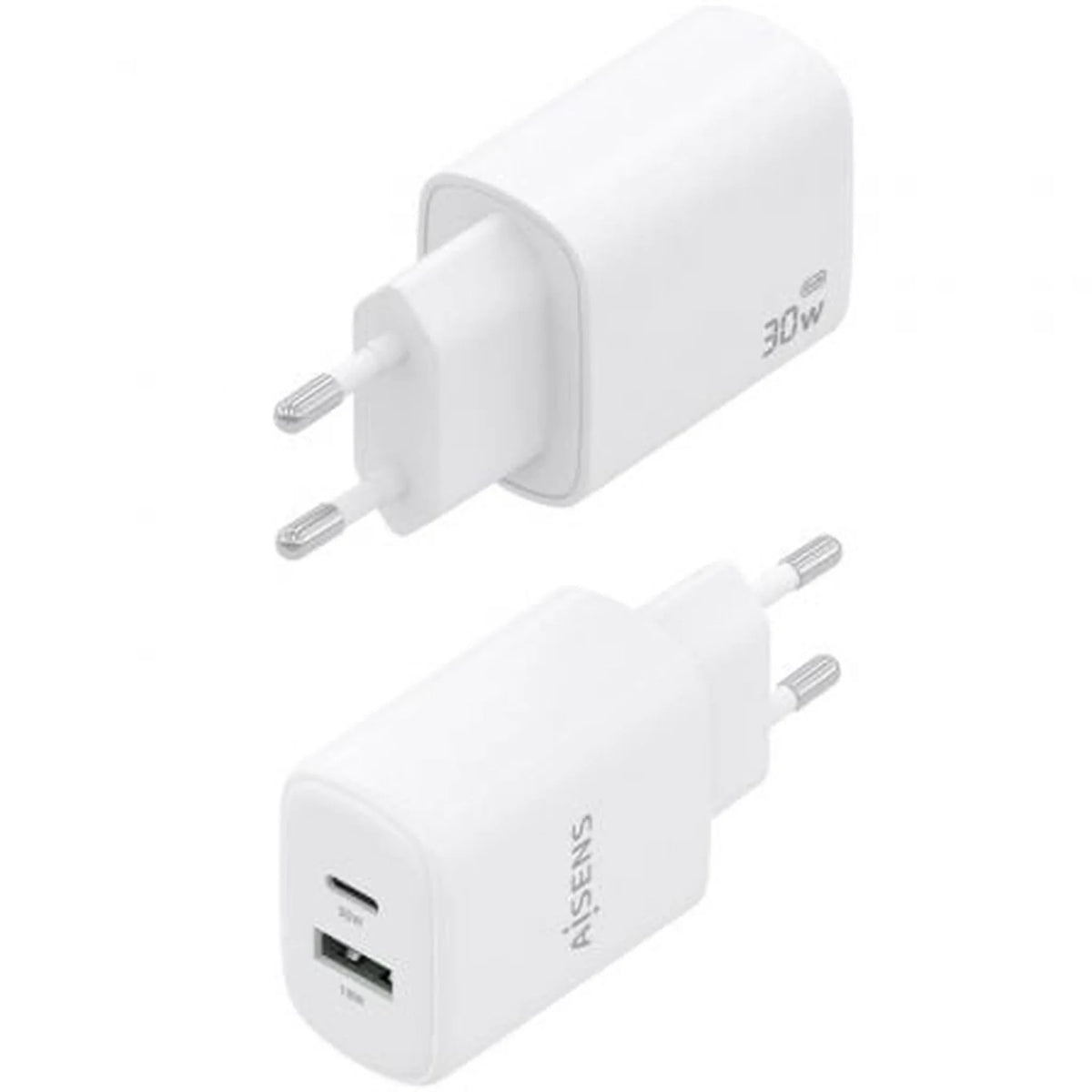 Cargador de Pared GaN Aisens A110-0977/ 1xUSB Tipo-C/ 1xUSB/ 30W/ Blanco - PixelPlaza