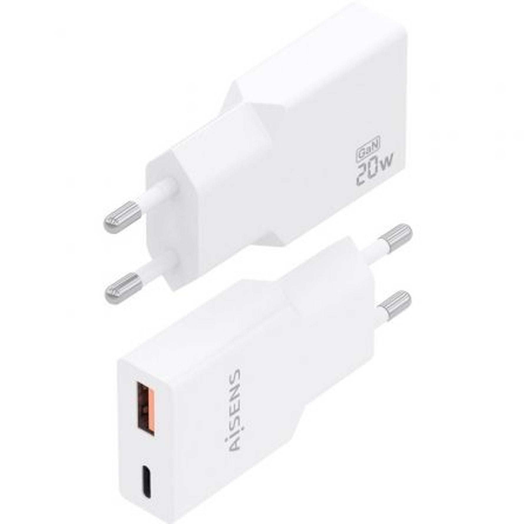 Cargador de Pared GaN Aisens A110-0998/ 1xUSB Tipo-C/ 1xUSB/ 20W/ Blanco