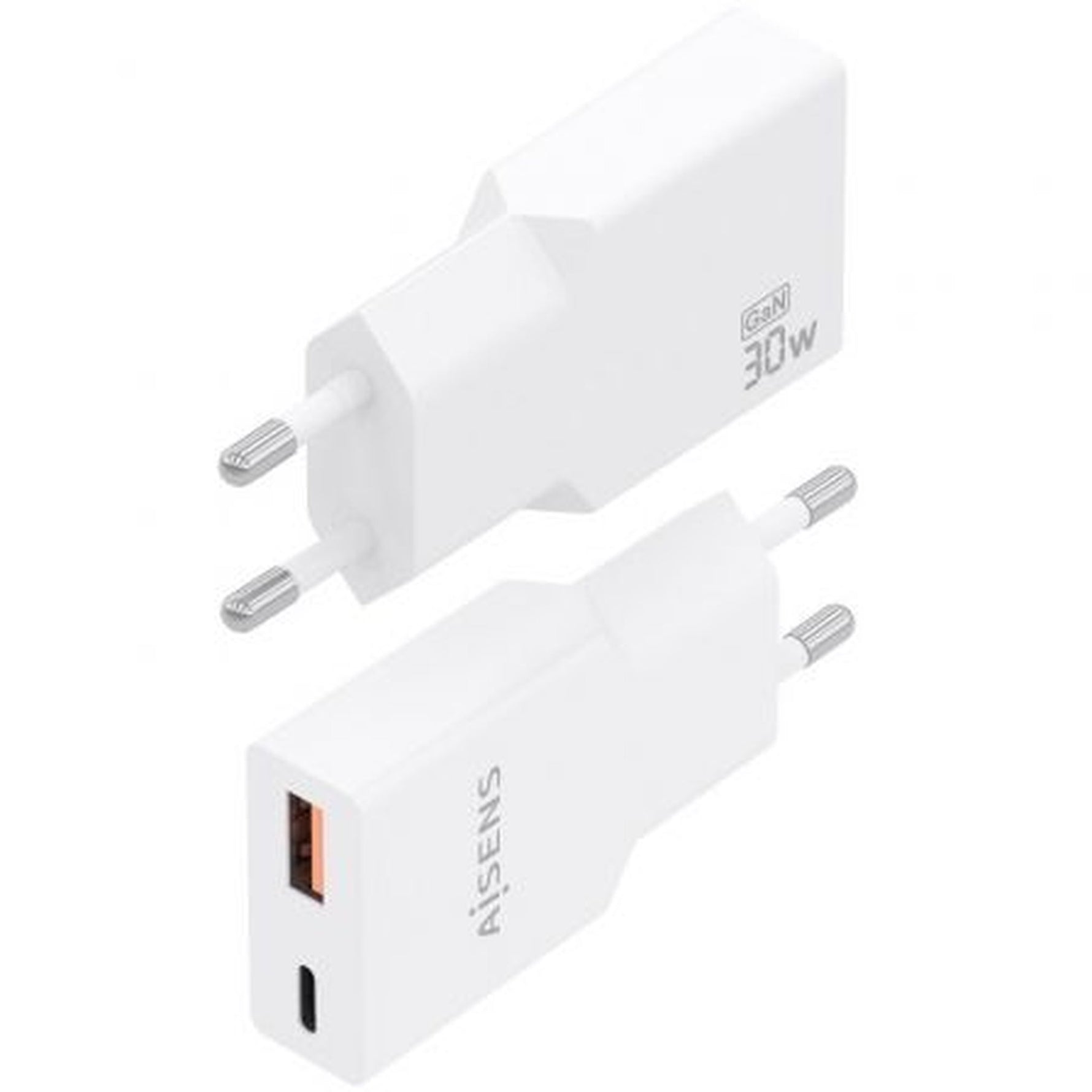Cargador de Pared GaN Aisens A110-1002/ 1xUSB Tipo-C/ 1xUSB/ 30W/ Blanco