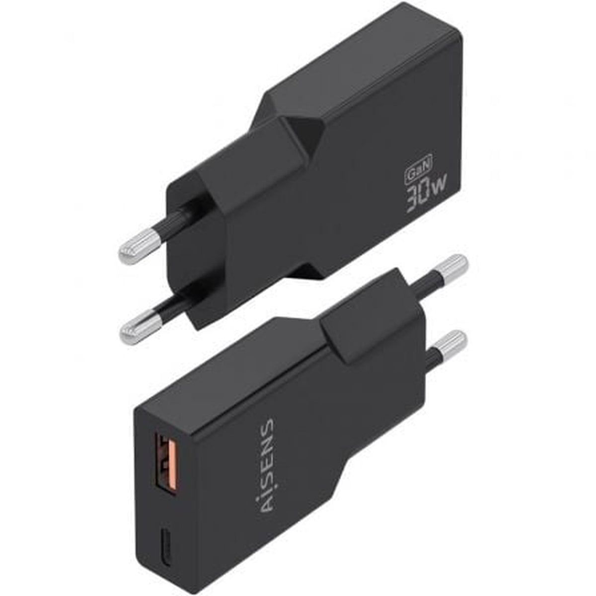 Cargador de Pared GaN Aisens A110-1005/ 1xUSB Tipo-C/ 1xUSB/ 30W/ Negro