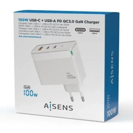 Cargador de Pared GaN Aisens ASCH-100W3P008-W/ 2xUSB Tipo-C/ 1x USB/ 100W - PixelPlaza