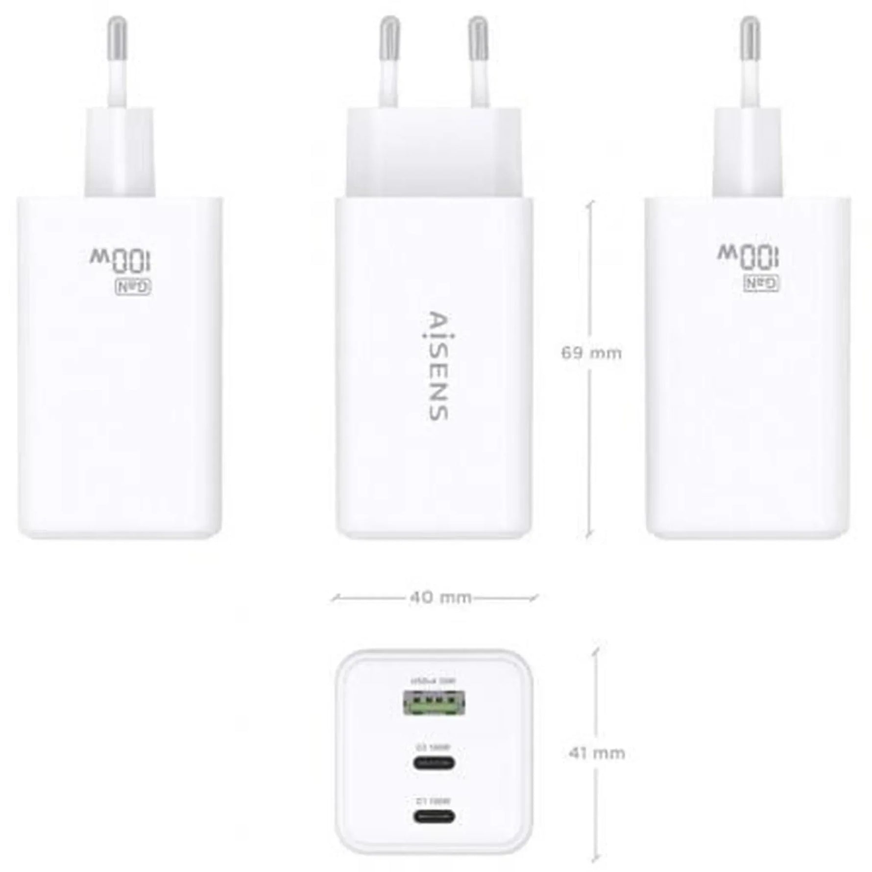 Cargador de Pared GaN Aisens ASCH-100W3P051-W/ 2xUSB Tipo-C/ 1xUSB/ 100W - PixelPlaza