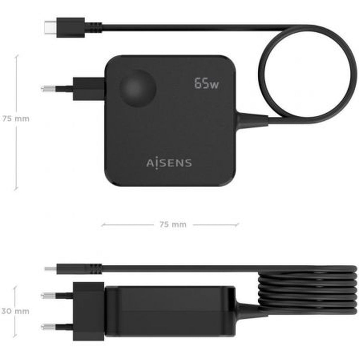 Cargador de Pared GaN Aisens ASCH-1PD65WL80-BK/ 1xUSB Tipo-C/ 65W/ Negro