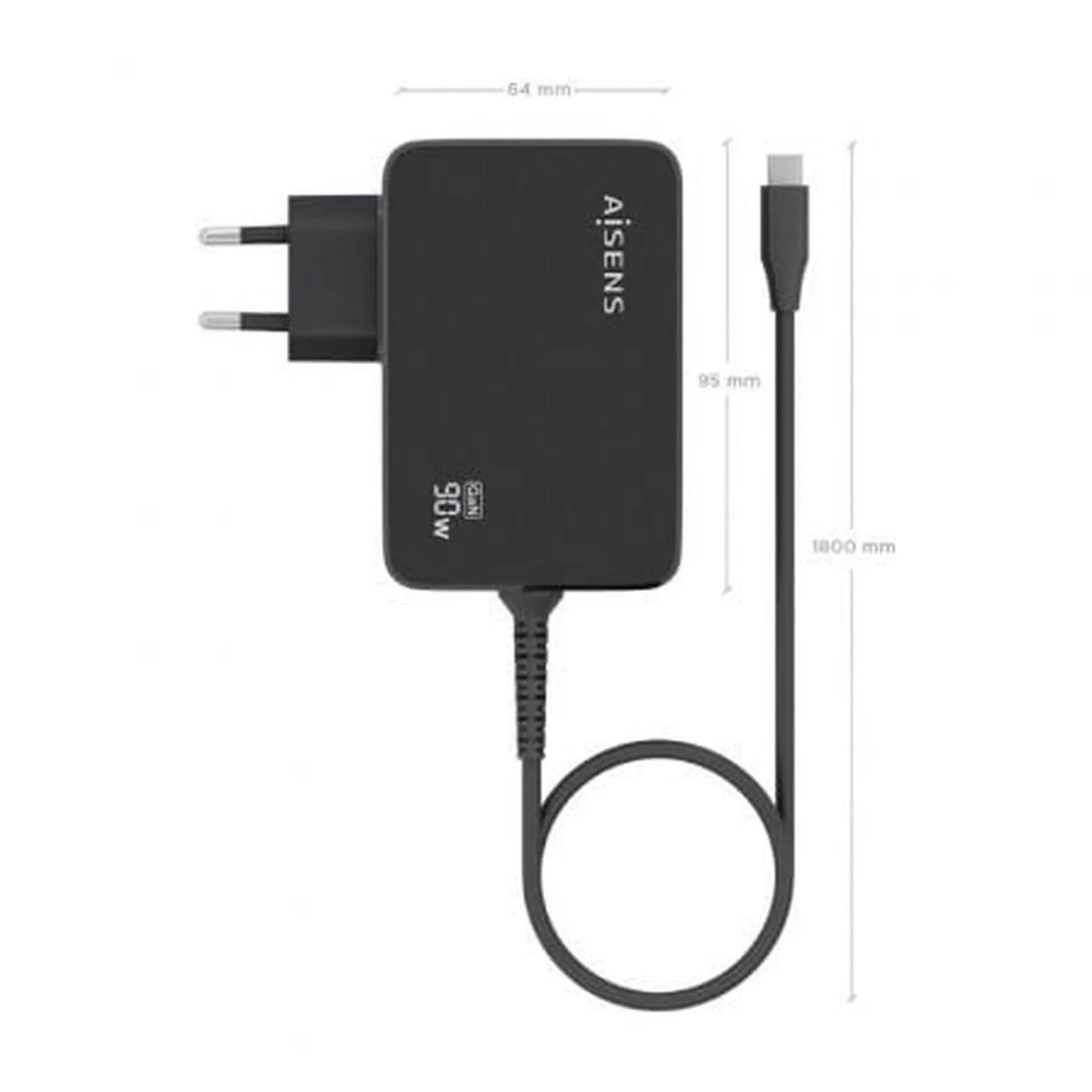 Cargador de Pared GaN Aisens ASCH-1PD90WL034-BK/ 1xUSB Tipo-C + Cable 1.8m/ 90W - PixelPlaza