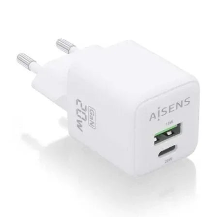 Cargador de Pared GaN Aisens ASCH-20W2P010-W/ 1xUSB Tipo-C/ 1xUSB/ 20W - PixelPlaza