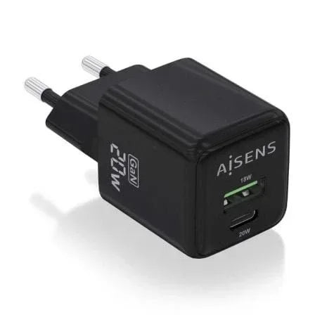 Cargador de Pared GaN Aisens ASCH-20W2P011-BK/ 1xUSB Tipo-C/ 1xUSB/ 20W - PixelPlaza
