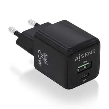 Cargador de Pared GaN Aisens ASCH-25W2P015-BK/ 1xUSB Tipo-C/ 1xUSB/ 25W - PixelPlaza