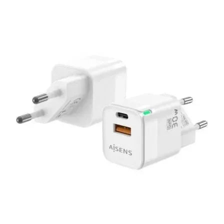 Cargador de Pared GaN Aisens ASCH-30W2P004-W/ 1xUSB Tipo-C/ 1xUSB/ 30W - PixelPlaza