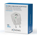 Cargador de Pared GaN Aisens ASCH-30W2P004-W/ 1xUSB Tipo-C/ 1xUSB/ 30W - PixelPlaza