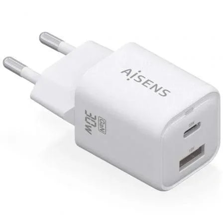 Cargador de Pared GaN Aisens ASCH-30W2P020-W/ 1xUSB Tipo-C/ 1xUSB/ 30W - PixelPlaza