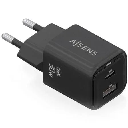 Cargador de Pared GaN Aisens ASCH-30W2P021-BK/ 1xUSB Tipo-C/ 1xUSB/ 30W - PixelPlaza