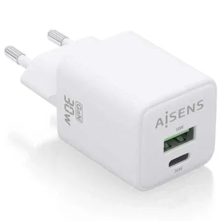 Cargador de Pared GaN Aisens ASCH-30W2P037-W/ 1xUSB Tipo-C/ 1xUSB/ 30W - PixelPlaza