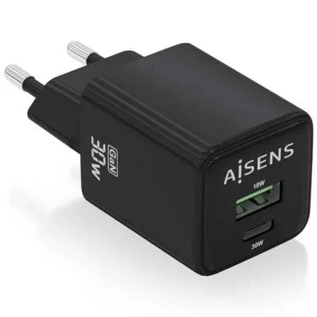Cargador de Pared GaN Aisens ASCH-30W2P038-BK/ 1xUSB Tipo-C/ 1xUSB/ 30W - PixelPlaza