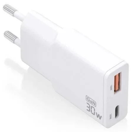 Cargador de Pared GaN Aisens ASCH-30W2P046-W/ 1xUSB Tipo-C/ 1xUSB/ 30W/ Blanco - PixelPlaza