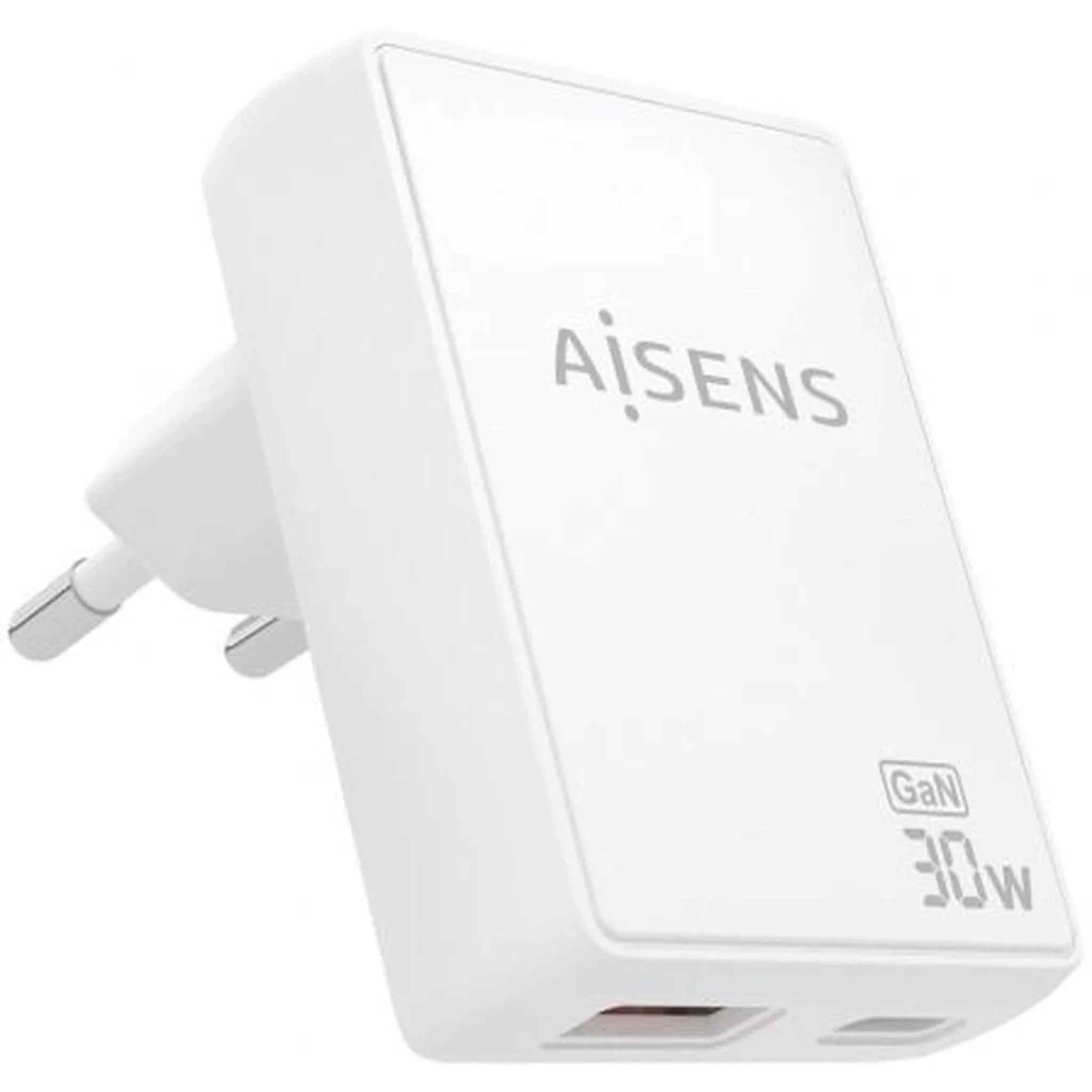 Cargador de Pared GaN Aisens ASCH-30W2P074-W/ 1xUSB Tipo-C/ 1xUSB/ 30W/ Blanco - PixelPlaza