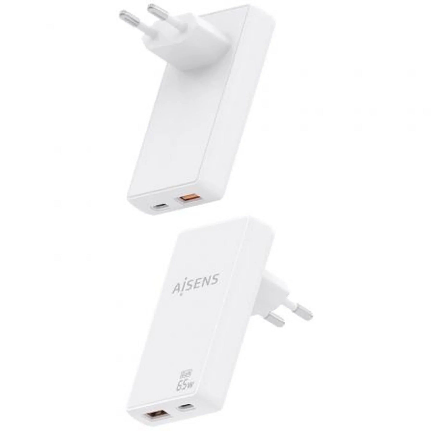 Cargador de Pared GaN Aisens ASCH-65W2P076-W/ 1xUSB Tipo-C/ 1xUSB/ 65W/ Blanco - PixelPlaza