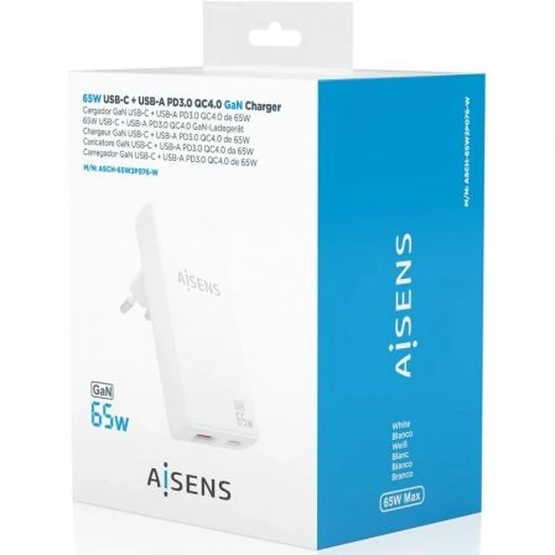 Cargador de Pared GaN Aisens ASCH-65W2P076-W/ 1xUSB Tipo-C/ 1xUSB/ 65W/ Blanco - PixelPlaza