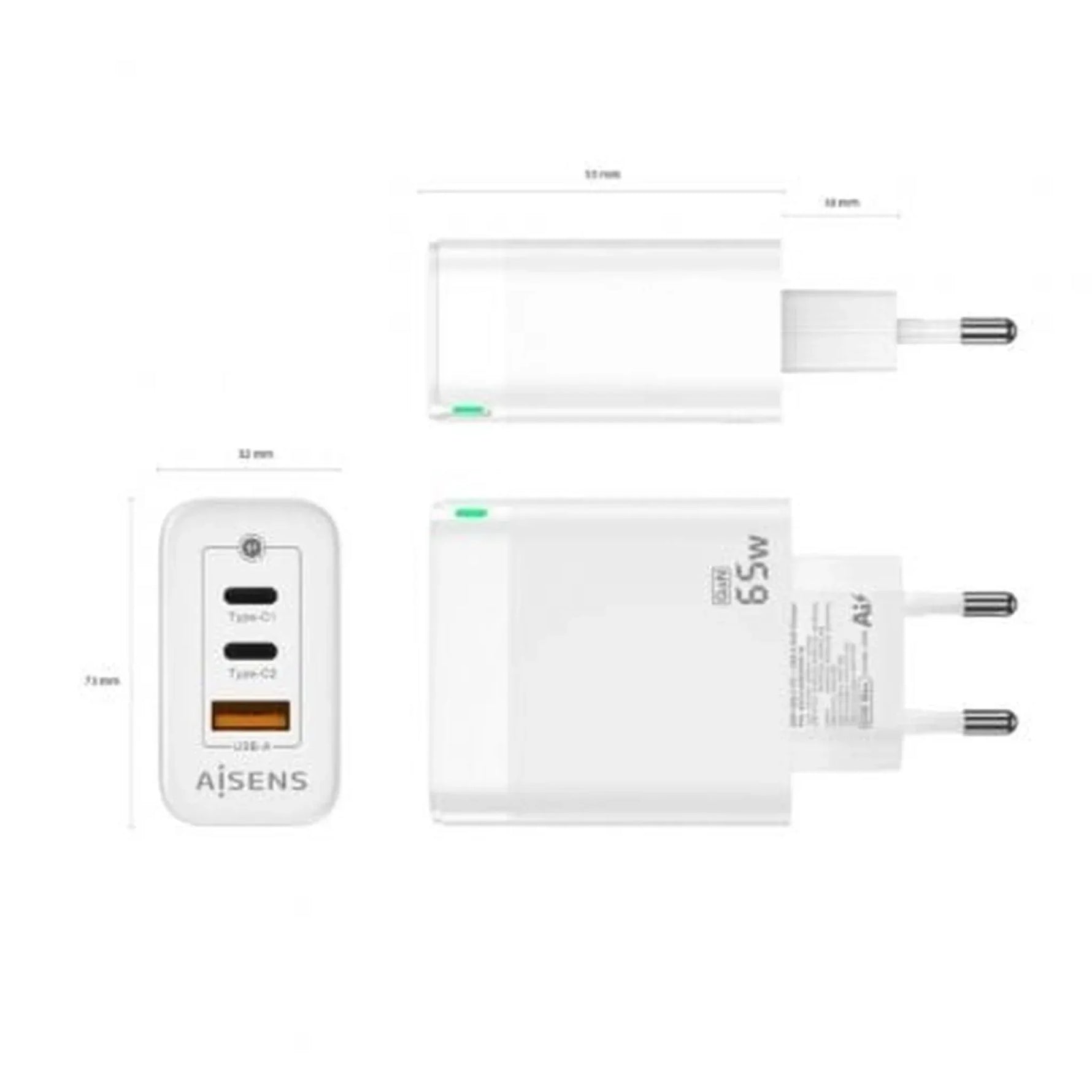 Cargador de Pared GaN Aisens ASCH-65W3P007-W/ 2xUSB Tipo-C/ 1x USB/ 65W - PixelPlaza