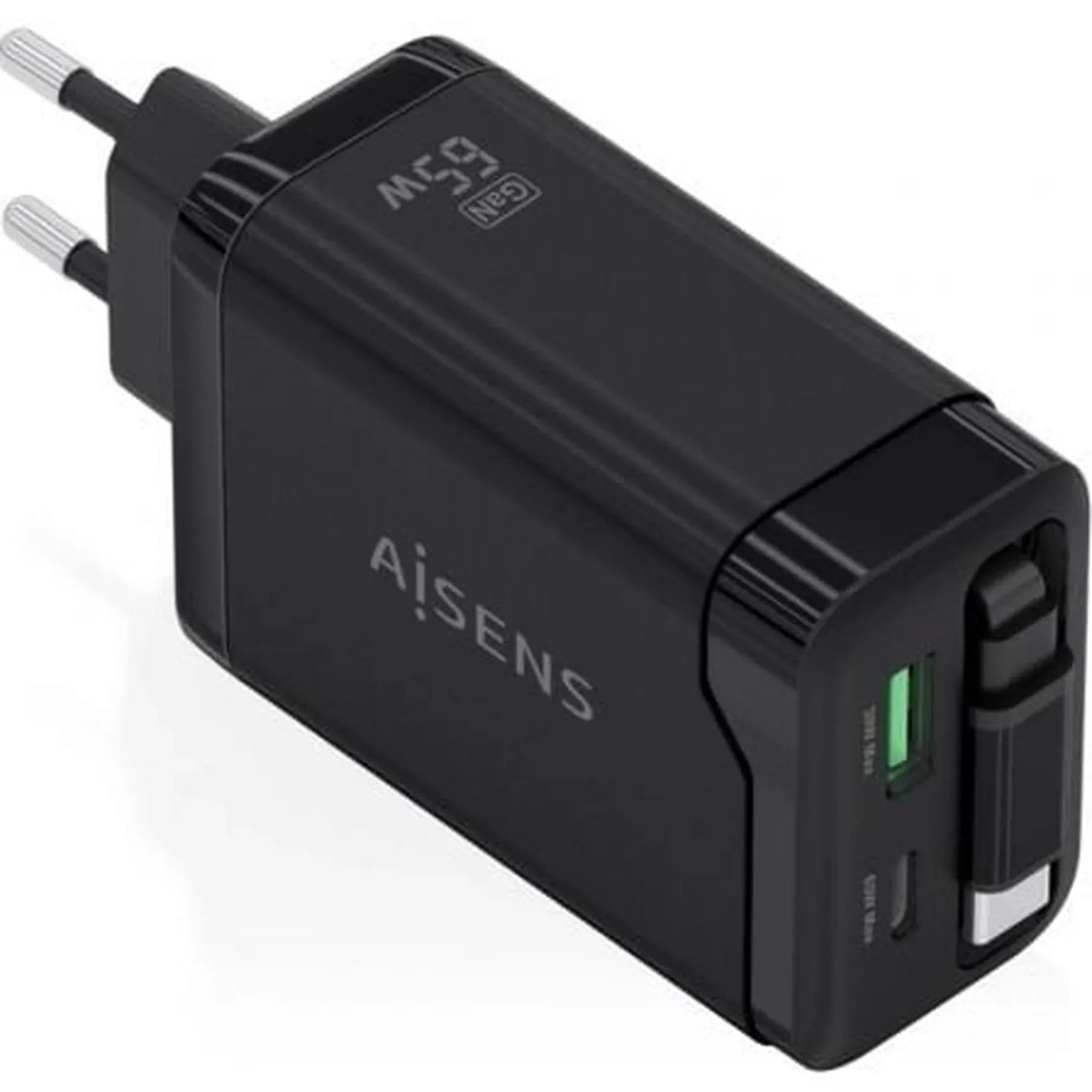Cargador de Pared GaN Aisens ASCH-65W3P071-BK/ 1xUSB Tipo-C/ 1xUSB/ 65W/ Negro - PixelPlaza