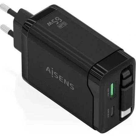 Cargador de Pared GaN Aisens ASCH-65W3P071-BK/ 1xUSB Tipo-C/ 1xUSB/ 65W/ Negro - PixelPlaza