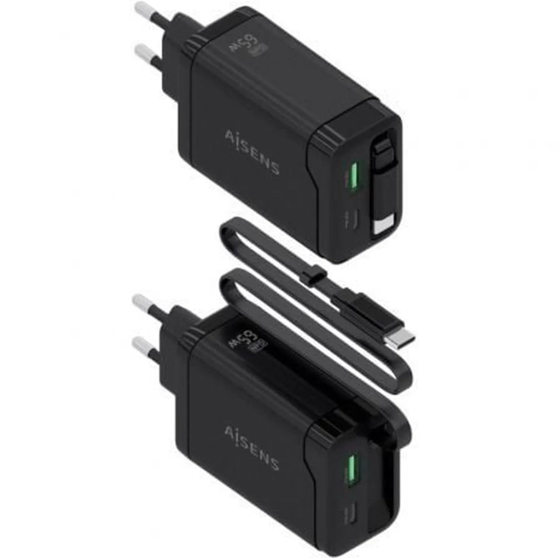 Cargador de Pared GaN Aisens ASCH-65W3P071-BK/ 1xUSB Tipo-C/ 1xUSB/ 65W/ Negro - PixelPlaza