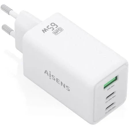 Cargador de Pared GaN Aisens ASCH-65W3P072-W/ 2xUSB Tipo-C/ 1xUSB/ 65W/ Blanco - PixelPlaza