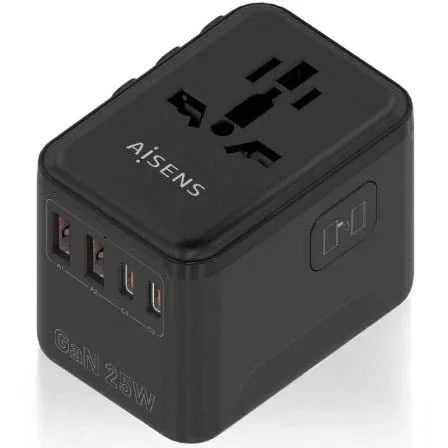 Cargador de Pared Universal GaN para Viaje Aisens ASPS-2A2C08-BK/ Toma de Corriente Universal/ 2xUSB Tipo-C/ 2xUSB/ 25W - PixelPlaza