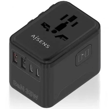 Cargador de Pared Universal GaN para Viaje Aisens ASPS-2A3C09-BK/ Toma de Corriente Universal/ 3xUSB Tipo-C/ 2xUSB/ 35W - PixelPlaza