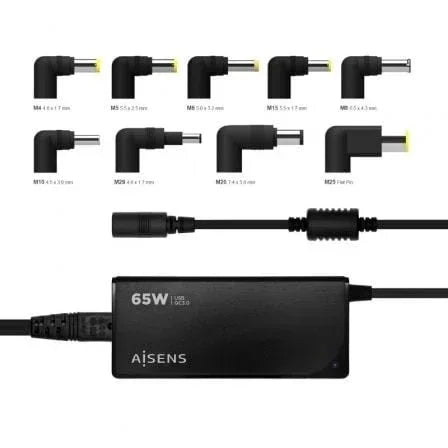 Cargador de Portátil Aisens ASLC-65WAUTO-BK/ 65W/ Automático/ 9 Conectores/ Voltaje 18.5-20V/ 1 USB QC3.0 - PixelPlaza