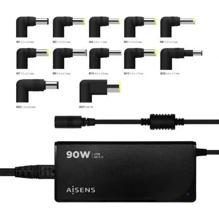 Cargador de Portátil Aisens ASLC-90WAUTO-BK/ 90W/ Automático/ 12 Conectores/ Voltaje 15-20V/ 1 USB QC3.0 - PixelPlaza