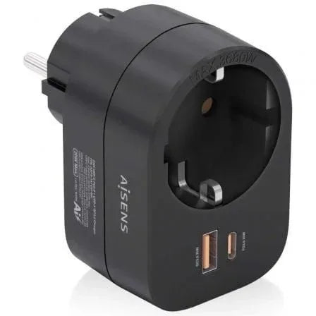 Enchufe Aisens ASPS-1A1C07-BK/ 1 Toma de Corriente/ 1 USB Tipo-C PD/ 1 USB/ Negro - PixelPlaza