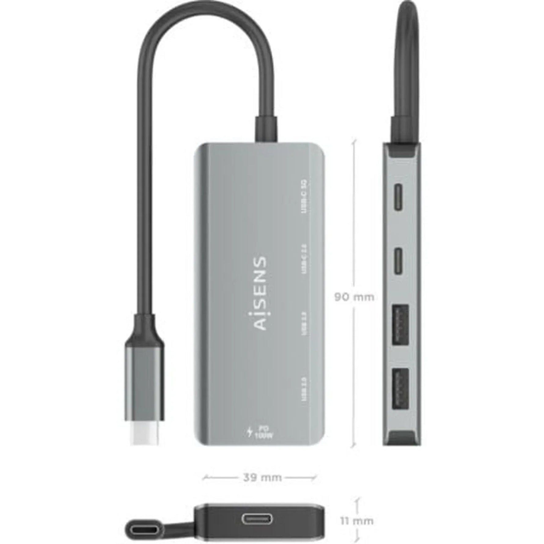 Hub USB Tipo-C Aisens A109-0946/ 2xUSB/ 2xUSB Tipo-C/ 1xUSB Tipo-C PD/ Gris - PixelPlaza