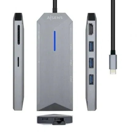 Docking USB Tipo-C Aisens ASUC-8P004-GR/ 1xHDMI 4K/ 3xUSB/ 1xRJ45/ 1xLector Tarjetas / 1xUSB Tipo-C PD/ Gris - PixelPlaza
