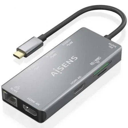 Docking USB Tipo-C Aisens ASUC-9P018-GR/ 2xHDMI 4K/ 3xUSB/ 1xRJ45/ 1xLector Tarjetas/ 1xUSB Tipo-C PD/ Gris - PixelPlaza