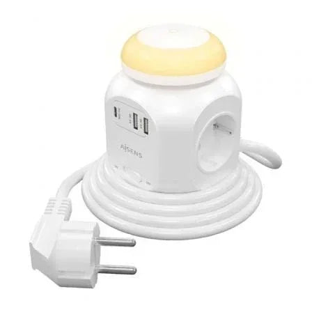 Regleta con Interruptor y Luz Nocturna Aisens ASPS-2A1CLPQ02-W/ 4 Tomas de Corriente/ 1 USB Tipo-C PD/ 2 USB/ Cable 1.8m/ Blanco - PixelPlaza