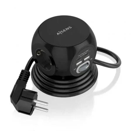 Regleta con Interruptor Aisens ASPS-2A2C05-BK/ 3 Tomas de Corriente/ 2 USB Tipo-C/ 2 USB/ Cable 1.4m/ Negro - PixelPlaza