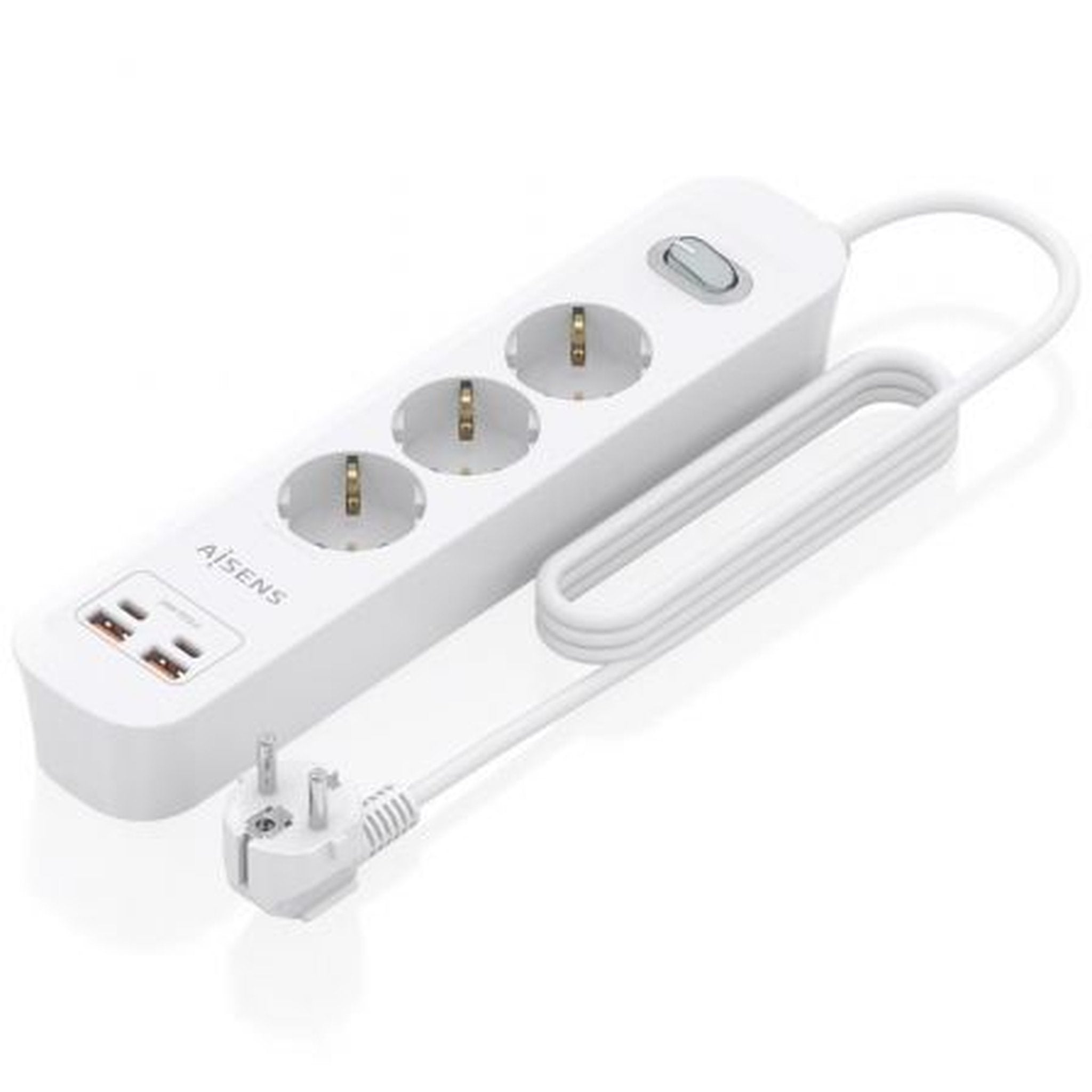 Regleta con Interruptor Aisens ASPS-2A2C10-W/ 3 Tomas de Corriente/ 2 USB - 2 USB Tipo-C/ Cable 1.4m/ Blanco