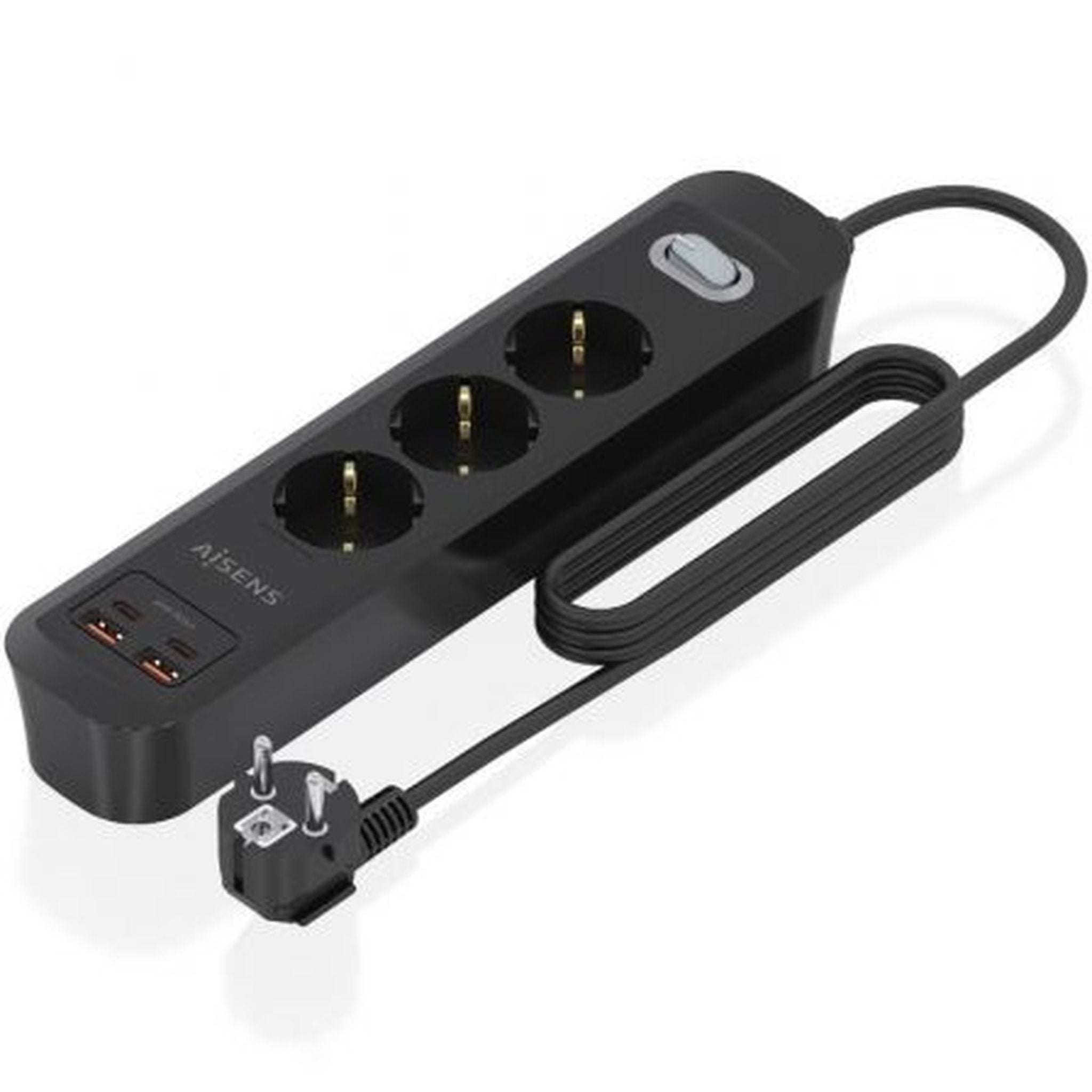 Regleta con Interruptor Aisens ASPS-2A2C11-BK/ 3 Tomas de Corriente/ 2 USB - 2 USB Tipo-C/ Cable 1.4m/ Negro