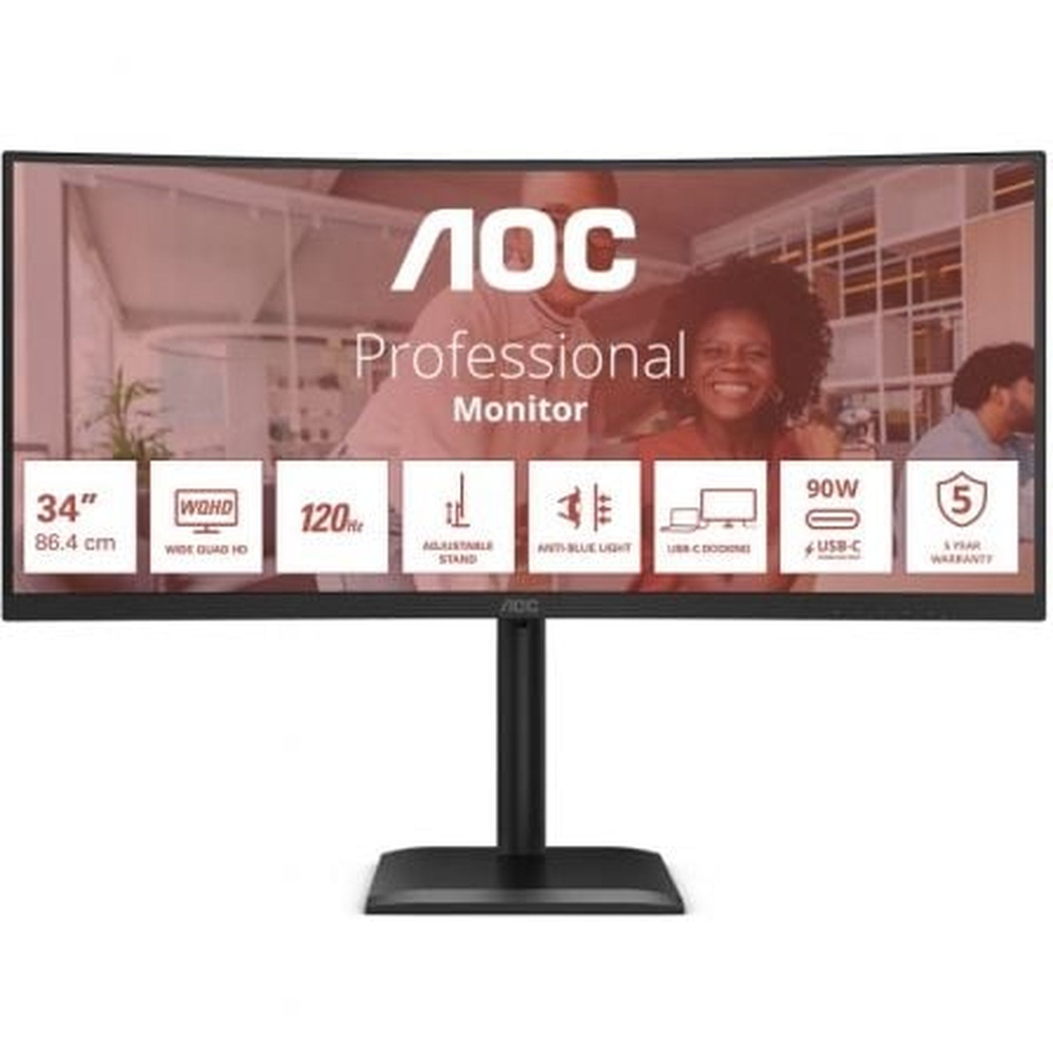 Monitor Profesional Ultraparonámico Curvo AOC CU34E4CV 34"/ WQHD/ Multimedia/ Regulable en altura/ Negro