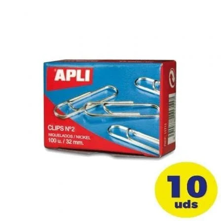 Pack de 10 cajas de 100 Clips Nº2 Apli 11714/ Plata - PixelPlaza