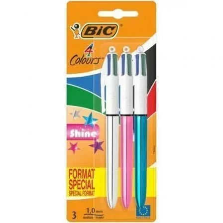 Bolígrafos de Tinta de Aceite Retráctil Bic 4 Colors Shine 9122751/ 3 unidades/ 4 Colores de Tinta/ Cuerpo Color Brillante - PixelPlaza