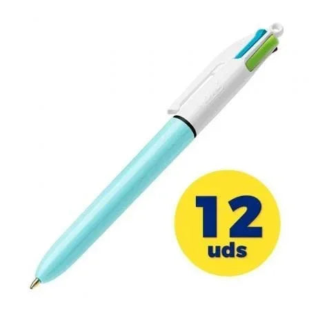 Caja de Bolígrafos de Tinta de Aceite Retráctil Bic Fashion 887777/ 12 unidades/ 4 Colores de Tinta/ Cuerpo Color Azul Pastel - PixelPlaza